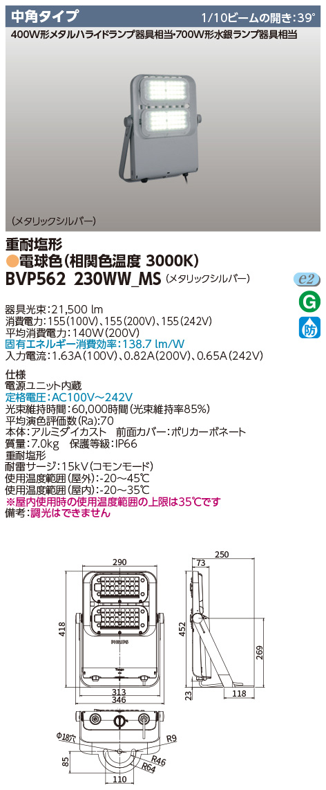 BVP562_230WW_MS || LED小形投光器 東芝【700W形水銀ランプ/400W形