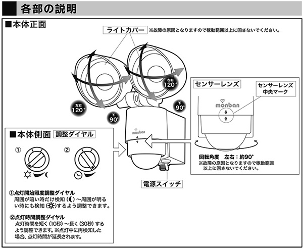 LS-BH22F4-W || 乾電池式LEDセンサーライト OHM 【２灯】/防滴仕様（IP44） 点灯開始照度・点灯時間の調整ダイヤル付  使用電源：単3形×3個（別売） 外形寸法：幅148×高さ162×奥行160mm 質量：約380g（電池除く） (商品番号:07-8215) [ohm]  の通販｜誘導灯・非常灯専門館 ...