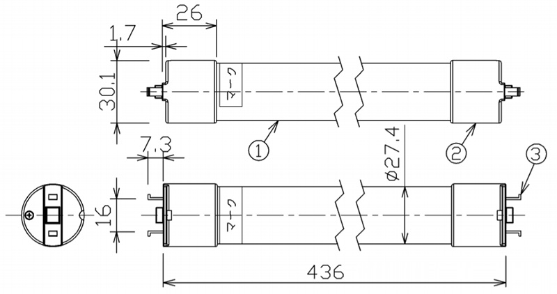 東芝　電源内蔵直管形LEDランプの寸法図