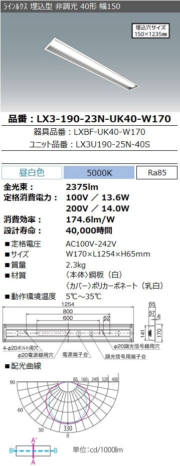 LX3-190-23N-UK40-W170 || LED一体型ベースライト(屋内用) アイリス