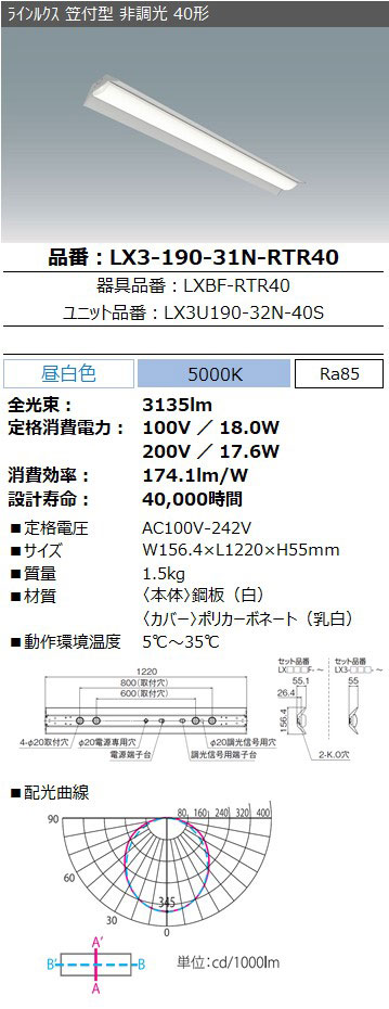 LX3-190-31N-RTR40 || LED一体型ベースライト(屋内用) アイリス