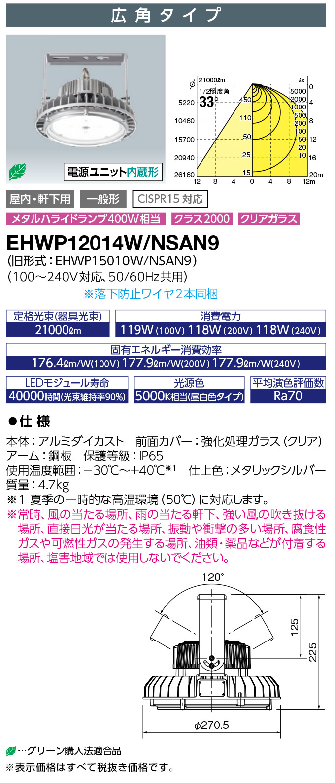 岩崎電気　 レディオック ハイベイ シータ　EHTS12025W NSAN9　耐振耐衝撃形　120W　クラス2000　昼白色タイプ　広角タイプ　クリアタイプ - 5