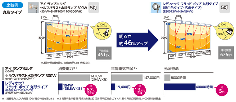 【岩崎電気】サインボード用投光器 レディオック フラッド ポップ 経済比較例