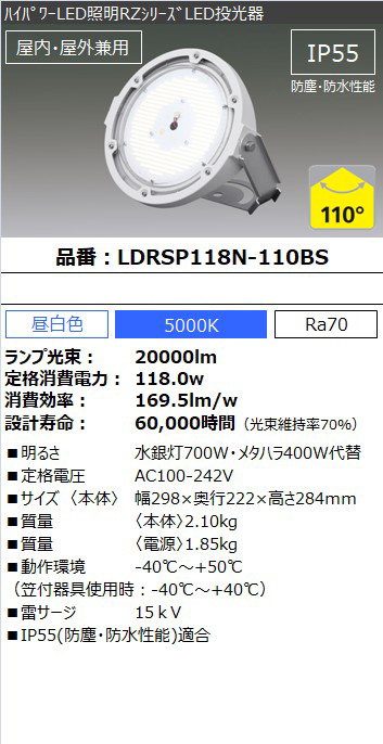 高天井LEDランプ RZ-R 投光器 LDRSP52N-110BS-I アイリスオーヤマ