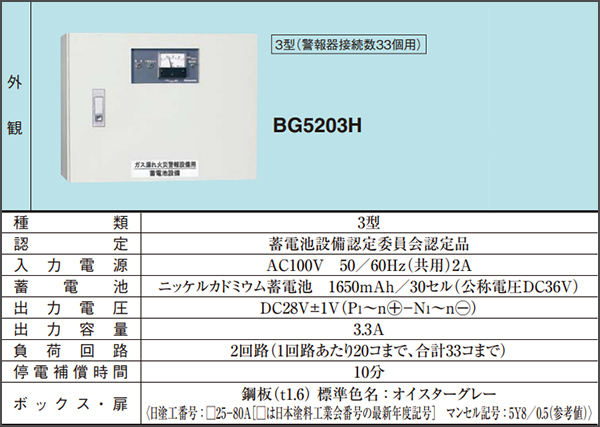 BG5203H | パナソニック(ナショナル) 蓄電池設備3型(ガス漏れ警報器