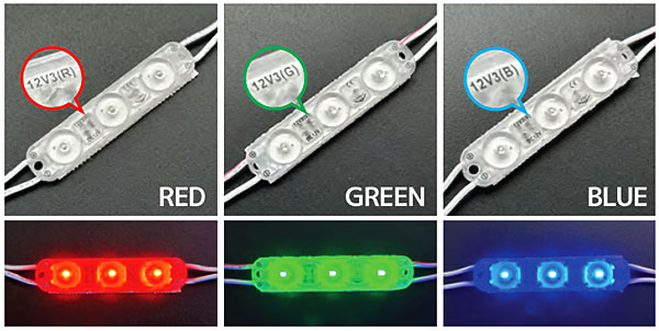 LED 1W 紅、青、白、黄緑など SB-12V3 青 || 拡散レンズ付き3球カラーLEDモジュール【40個セット