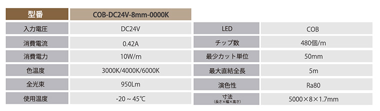 COB-DC24V-8mm 3000K【1巻＝5m】||ドットレスLEDテープライト 屋内用